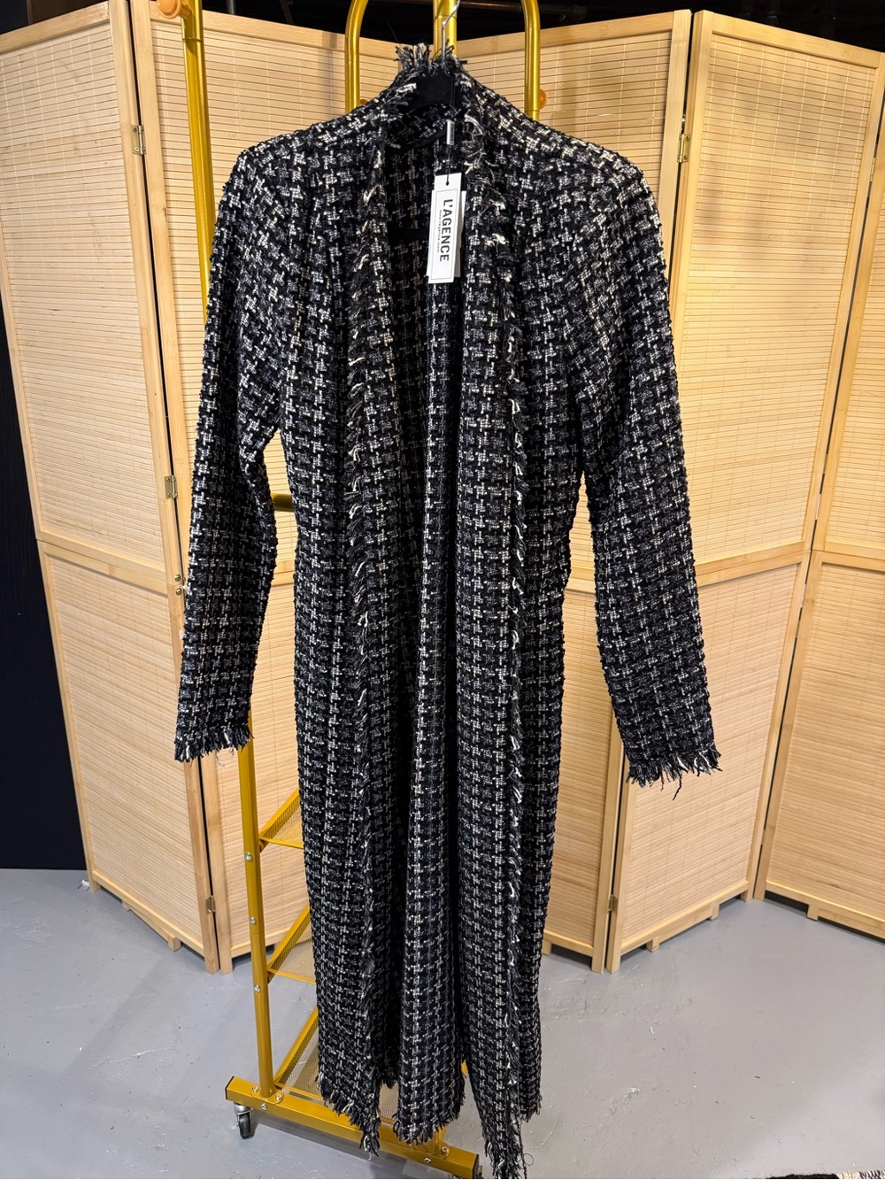 L'AGENCE Black & White Tweed Long Trench Coat